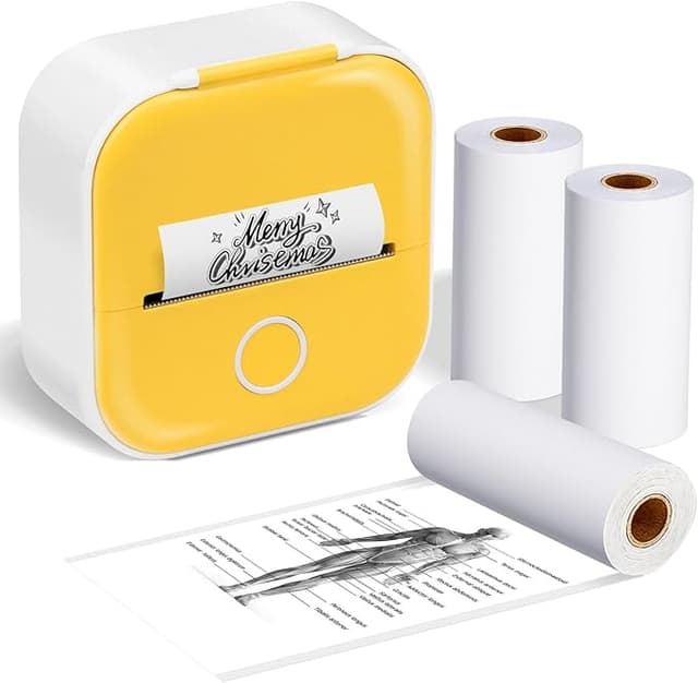Bluetooth Thermal Mini Printer - Portable Mini Sticker Printer Machine - Wireless Pocket Mini Printer for iPhone, T02 Yellow Mini Thermal Printer with 3 Rolls Thermal Paper for Journal, Memo, Photo
